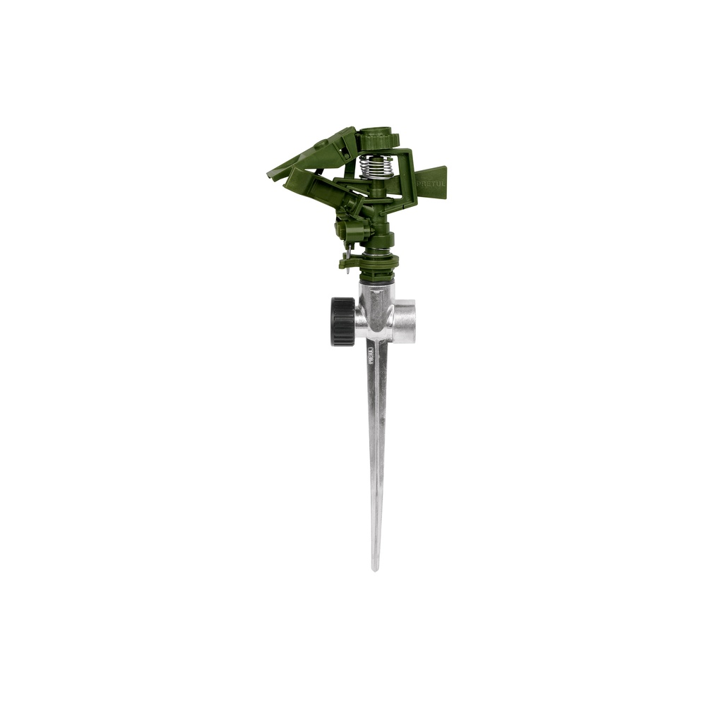 Aspersor verde, plástico, dos vías, estaca de zinc de 11'