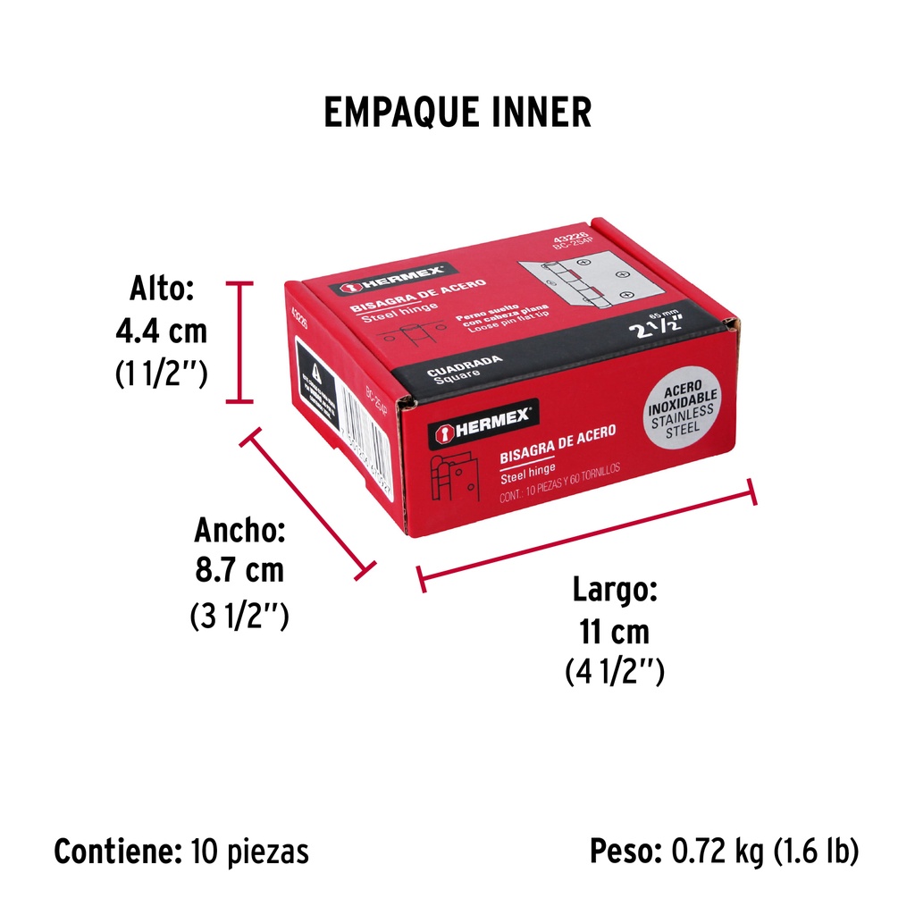 Bisagra cuadrada 2-1/2' acero inoxidable, plana, Hermex