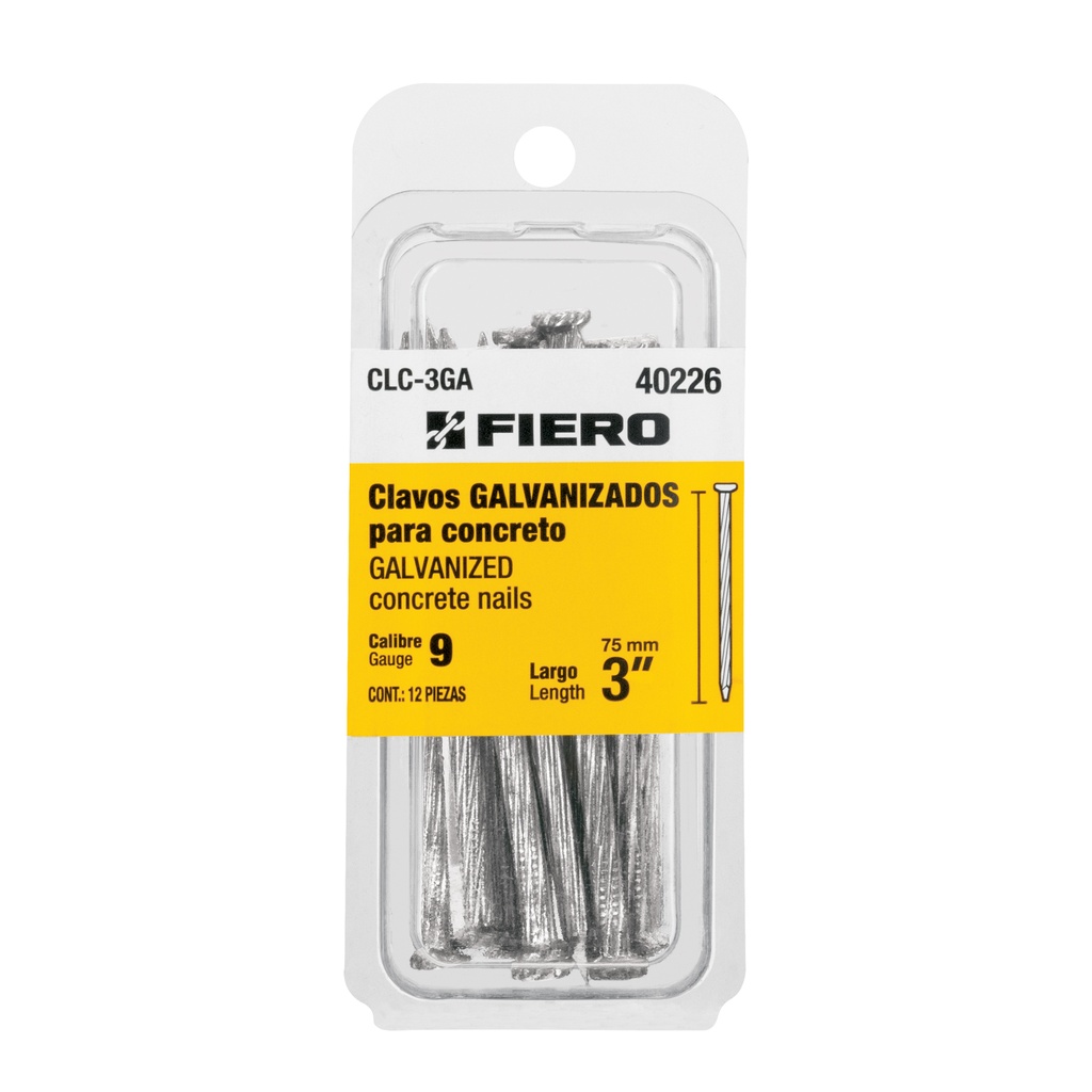 [T40226] Blíster con 12 clavos galvanizados para concreto 3', Fiero