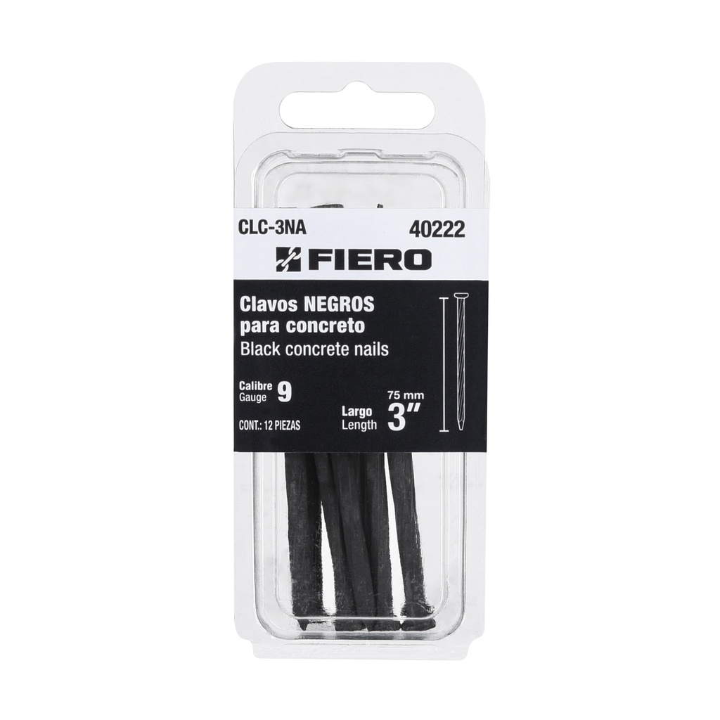 [T40222] Blíster con 12 clavos negros para concreto 3', Fiero