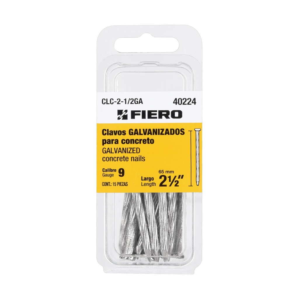 [T40224] Blíster con 15 clavos galvanizados p/concreto 2-1/2', Fiero