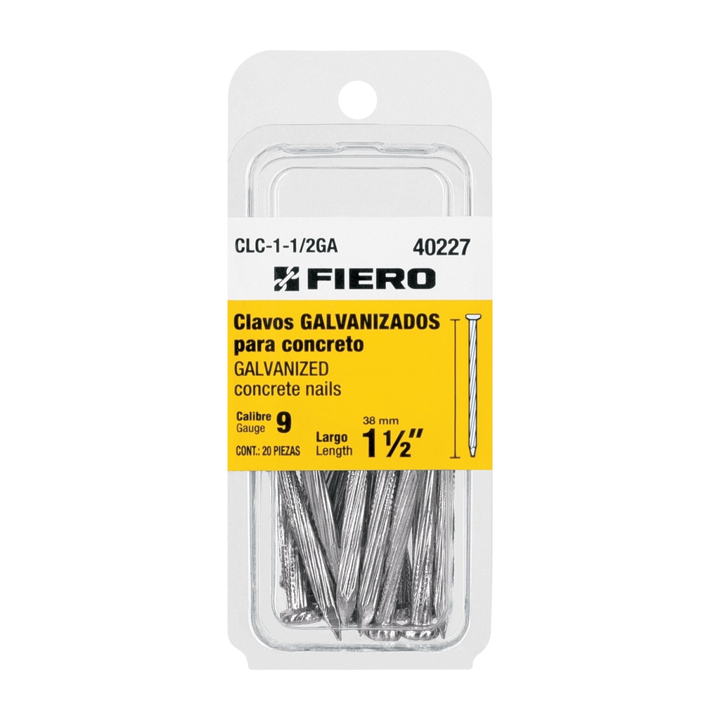 [T40227] Blíster con 20 clavos galvanizados p/concreto 1-1/2', Fiero