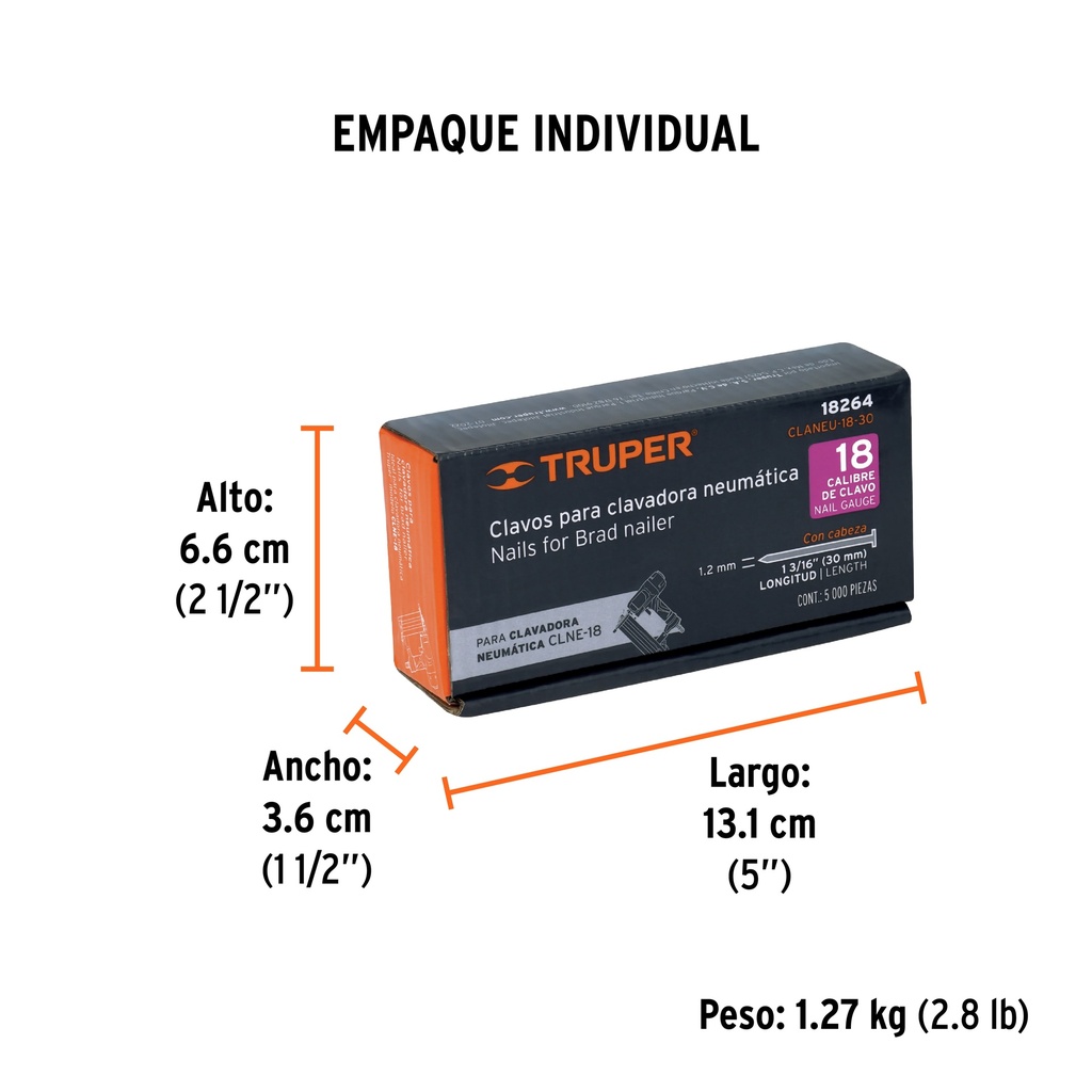 [T18264] Caja con 5000 clavos calibre 18, 30 mm para CLNE-18, Truper