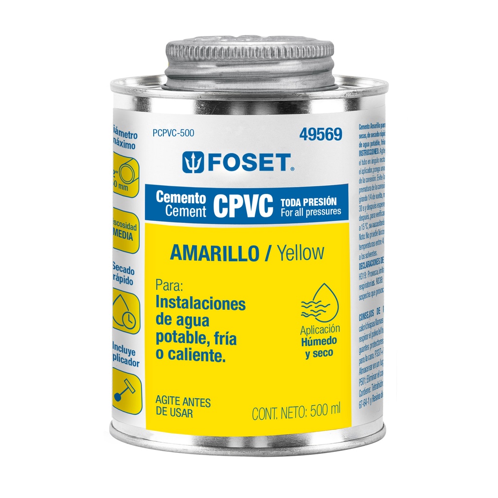 Cemento para CPVC en bote de 500 ml, baja presión, Foset