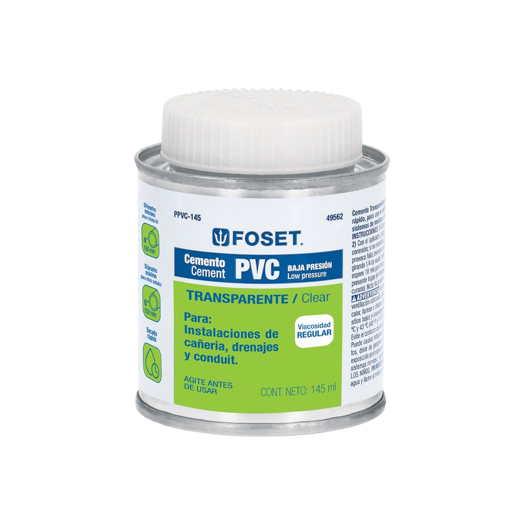 Cemento para PVC en bote de 145 ml, baja presión, Foset