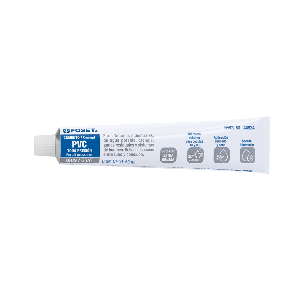 Cemento para PVC en tubo de 50 ml, alta viscosidad, Foset