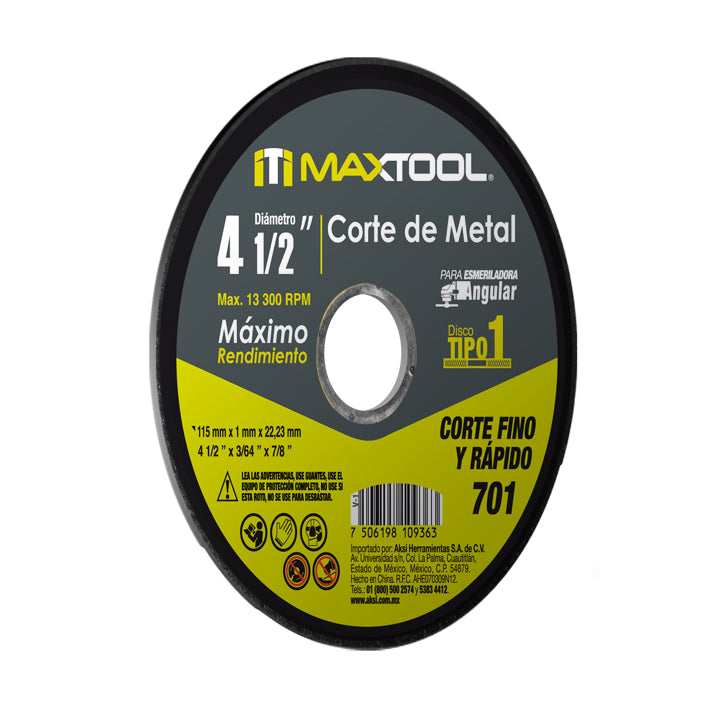 Disco corte de metal 4 1/2" x 1mm, TIPO 1 Maxtool