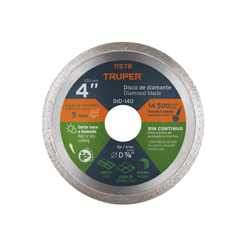 Disco de diamante de 4' x 1.6 mm rin continuo, Truper