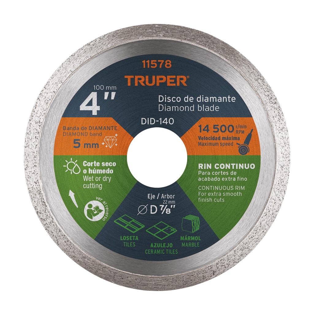 Disco de diamante de 4' x 1.6 mm rin continuo, Truper