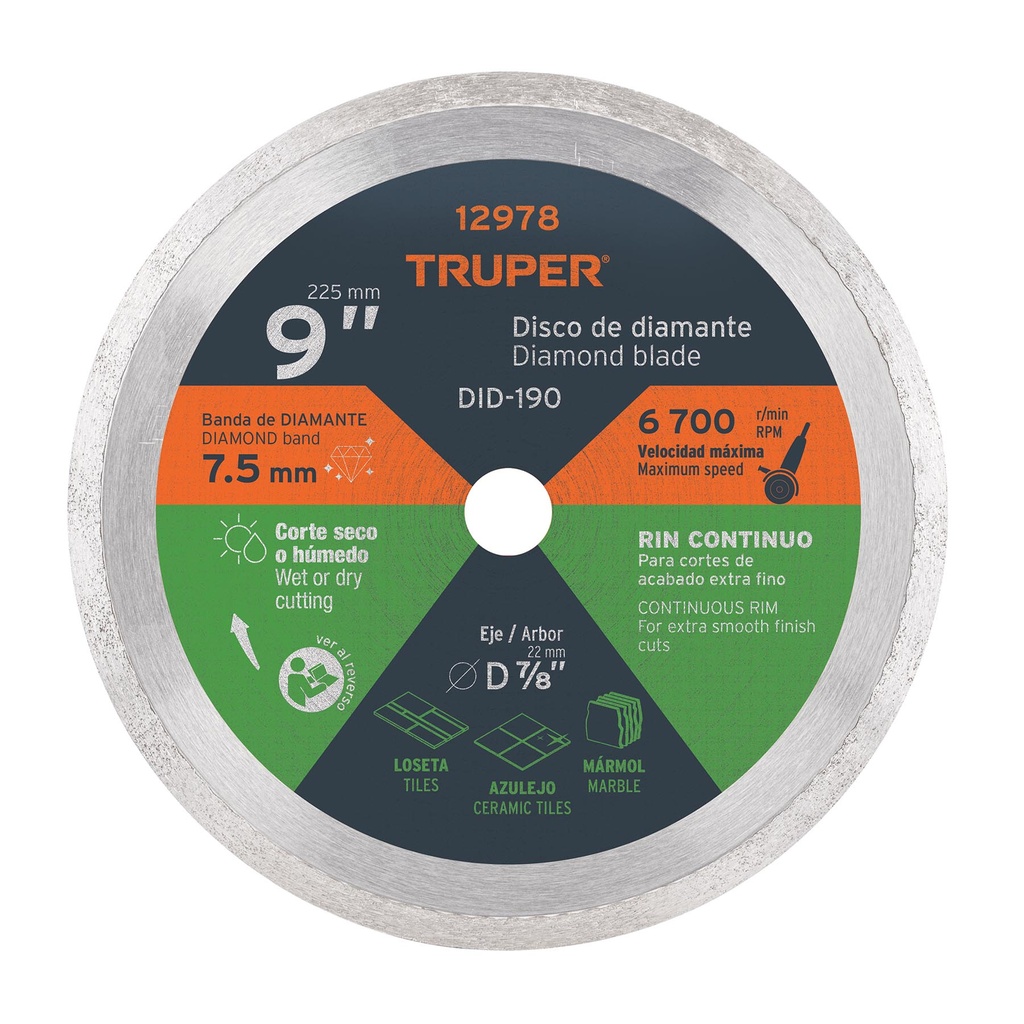 Disco de diamante de 9' x 2.2 mm rin continuo, Truper