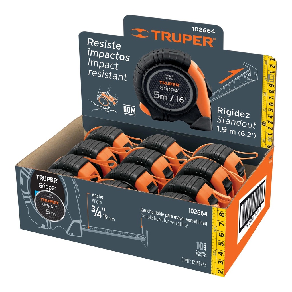 [T102664] Flexómetro Gripper 5 m cinta 13 mm display box con 12 piezas