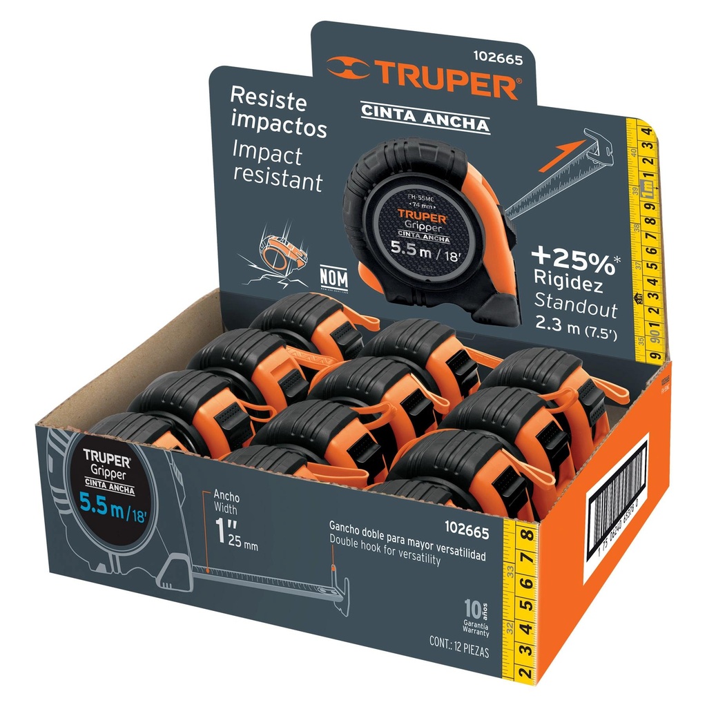 [T102665] Flexómetro Gripper 5.5m cinta 25mm display box con 12 piezas