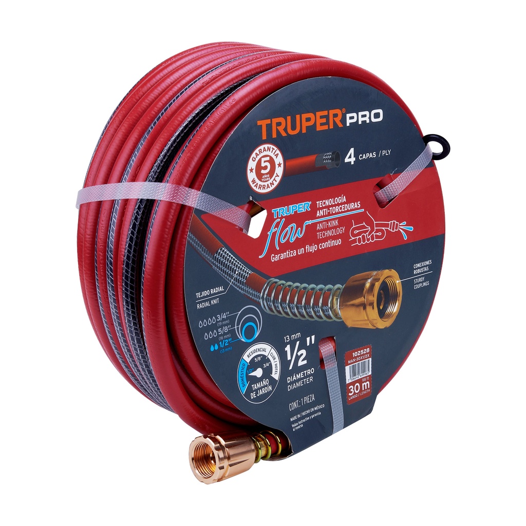 Manguera 1/2' super reforzada 4 capas 30 m conexiones metal