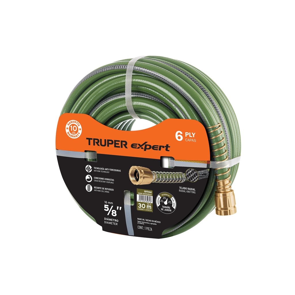 Manguera 5/8' anti-torceduras 6 capas 25m conexiones d/metal