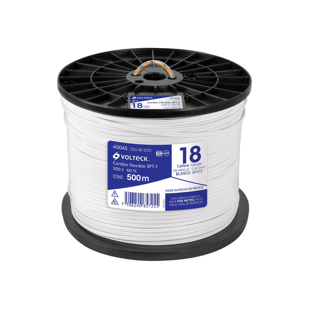 Metro de cordón dúplex flexible SPT 18 AWG en carrete 500 m