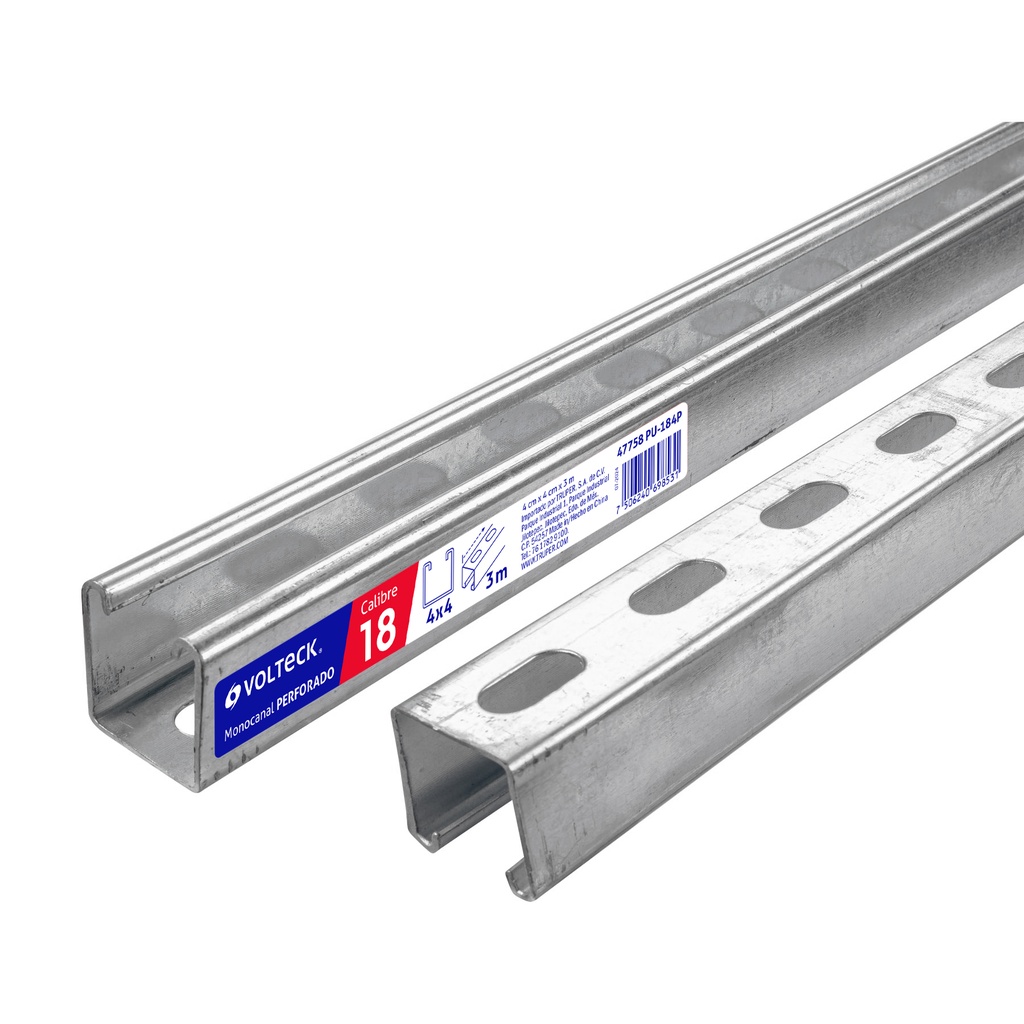 [T47758] Perfil unicanal perforado de 3 m, 4 x 4 cm, cal. 18, Volteck