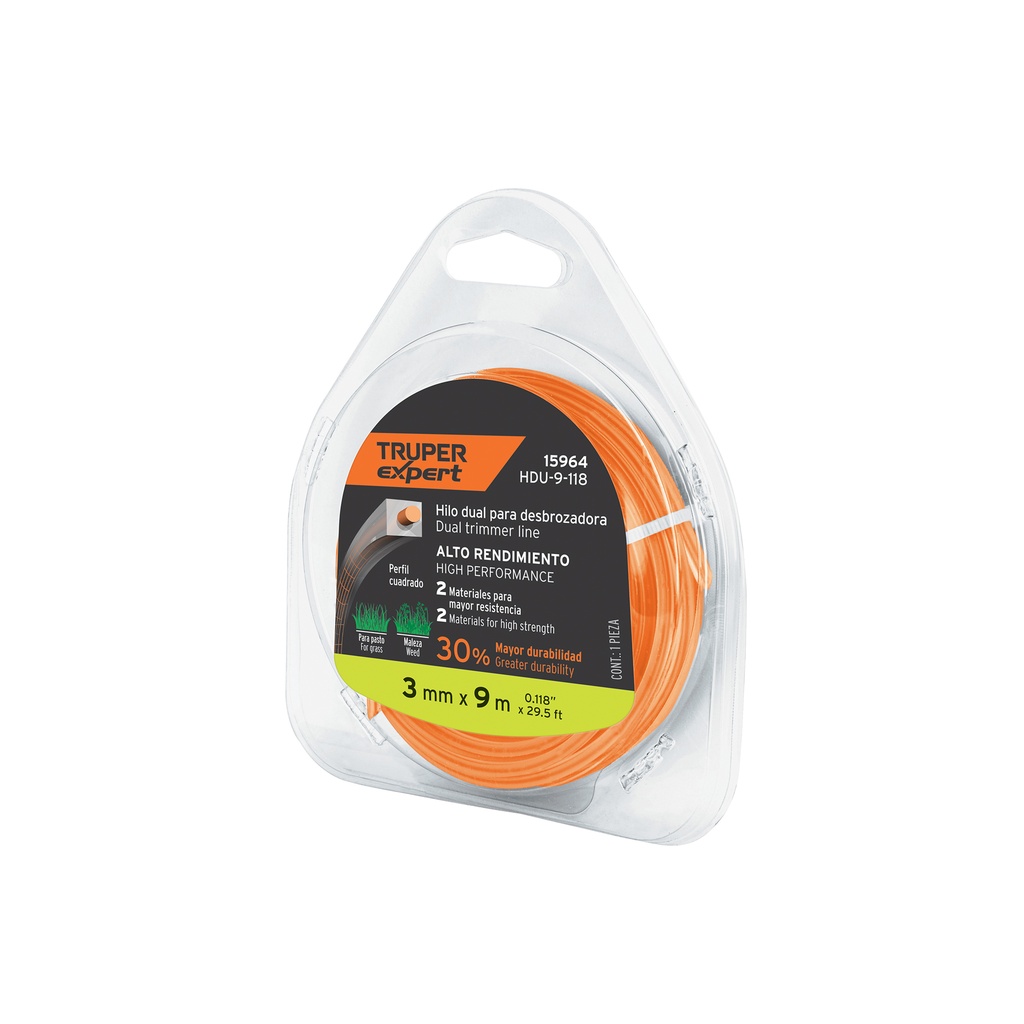 [T15964] Rollo de hilo para desbrozadora, 3 mm x 9 m, Truper Expert