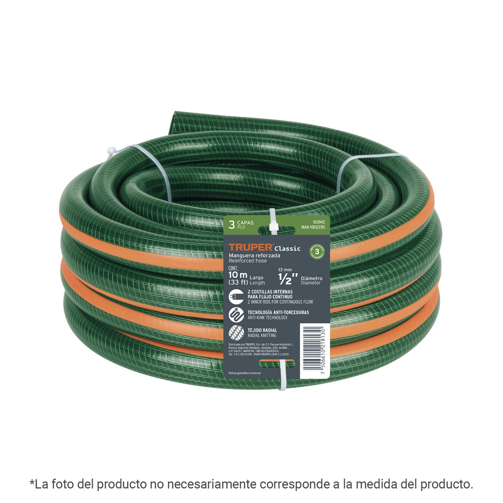 Manguera de jardín 1/2', 3 capas, 15m, sin conexiones TRUPER